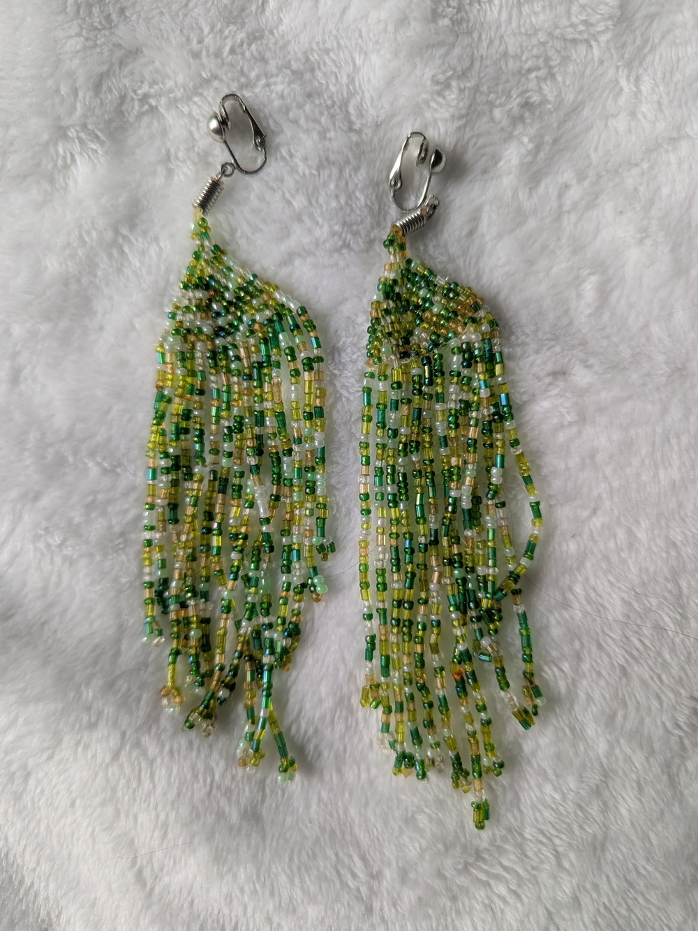 Beaded Fringe Clip-On Earrings in Green and Yellow